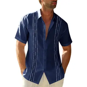 Mens Short Sleeve Guayabera Shirts Linen Cotton Button Down Mexican Embroidered Cuban Wedding Shirt Summer Beach Tops