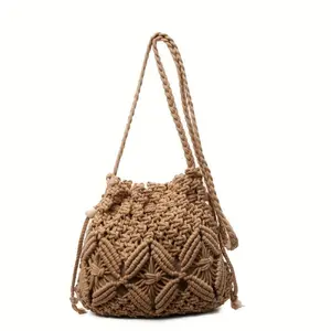 Minimalist Woven Rope Bucket Bag - Premium Macrame Medium Crossbody Bags for Women, Lightweight Casual Sports & Outdoor Gym Accessory for Spring Daily Outfits
