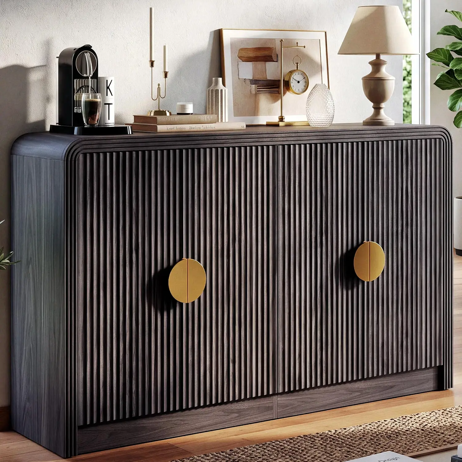 Decofy 55 in Wooden Mid-Century Modern Fluted Sideboard Curved Cabinet - Adjustable Vertical Shelves, Wavy Grain Doors, Modern End Cabinet, Kitchen Cupboard for Dining Room, Living Room Storage