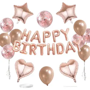 29 Pcs Rose Gold Birthday Decorations, 3D Foil Rose Gold Happy Birthday Balloon Banner, Pentagram Heart Foil Balloons Confetti Balloons Kit For Boys Girls Birthday Party Supplies