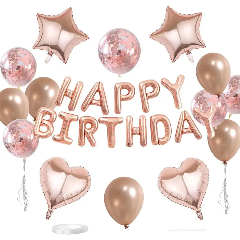 29 Pcs Rose Gold Birthday Decorations, 3D Foil Rose Gold Happy Birthday Balloon Banner, Pentagram Heart Foil Balloons Confetti Balloons Kit For Boys Girls Kid Birthday Party Balloon Birthday Party Supplies Balloon Set
