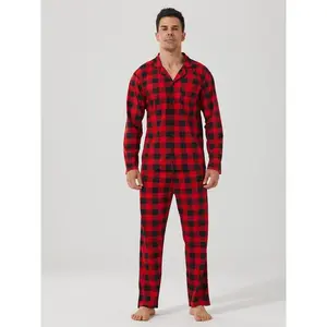 Men’s checked pajama set, long-sleeved top and pants, Christmas pajamas, loose fit, soft, comfortable, and casual, two-piece home outfit GARMENTARY