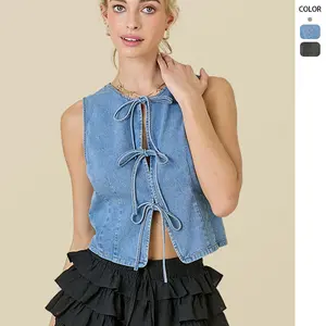 Womens Denim Vest Crop Sleeveless V Neck Denim Top Retro Tie Up Front Jean Vest