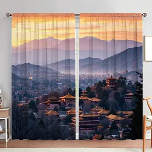 Mountain & City & Temple Print Door Curtain, 1 Set Chinese Style Door Curtain, Home Decor for Living Room Bedroom, Room Divider Curtain