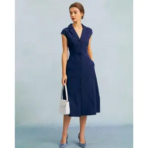 The Navy V Neck Button Cap Sleeve Midi Dress