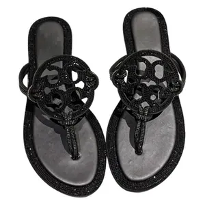 Womens Black Rhinestone Thong Sandals Sparkly Crystal Flat Flip Flops for Summer Beach Vacation Party Casual Dressy Wear Luxury Bling Rhinestone Cutout Flip Flops Black Flat Sandals Comfortable Non-slip Summer Shoes for Women