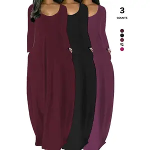 Women’s Loose Fit Maxi Dress with Pockets, Comfy Long Sleeve Casual Dress, Organic Textile, All Seasons, Plain Pattern