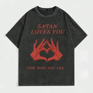 Men's T-Shirt Retro Edgy "Satan Loves You" Graphic Print Loose Fit Short Sleeved Top y2k Vintage Streetwear Gift Cyber Monday - Distressed