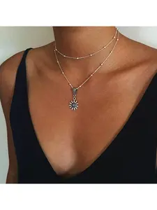 New style necklace - simple and retro sunflower pendant double-layered women's necklace for girls
