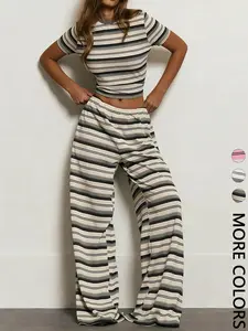 Women's 2pcs Striped Knit Set, Crop Top & Wide-Leg Pants, Casual Gradient Stripe Pattern, Slim-Fit Short Sleeve Cropped Top, Elastic Waistband Flowy Oversized Wide-Leg Pants