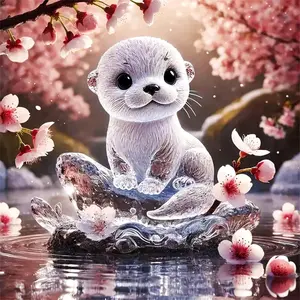 5D Diamond Painting Kit, Cute White Otter on Ice Chunk with Cherry Blossoms in Bloom, Full Round/Square Drill Diamond Art, DIY Rhinestone Embroidery Craft Lovers, Adorable Animal Floral Scenery Diamond Mosaic, Relaxing Handmade Gift for Home Wall Decor