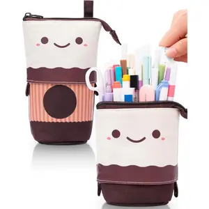 SQ-PCB022 Kawaii Stand Up Pencil Case - Spacious Telescopic Pouch for School & Office Supplies, Brown Coffee