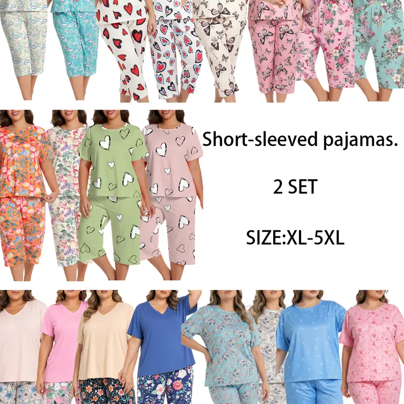 Women's Plus-Size Oversize 2-Piece Summer Sleepwear & Loungewear Sets, 2-Tone Short Sleeve, Loose Floral Print, Casual Comfy Pyjama, Cute Stretch Pajamas for Women, Shortsleeve