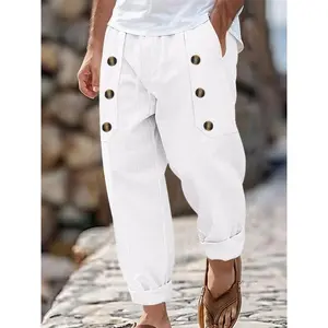 Men’s linen pants with drawstring waist, multiple pockets, elastic waistband, casual outdoor long trousers, essential men’s wardrobe