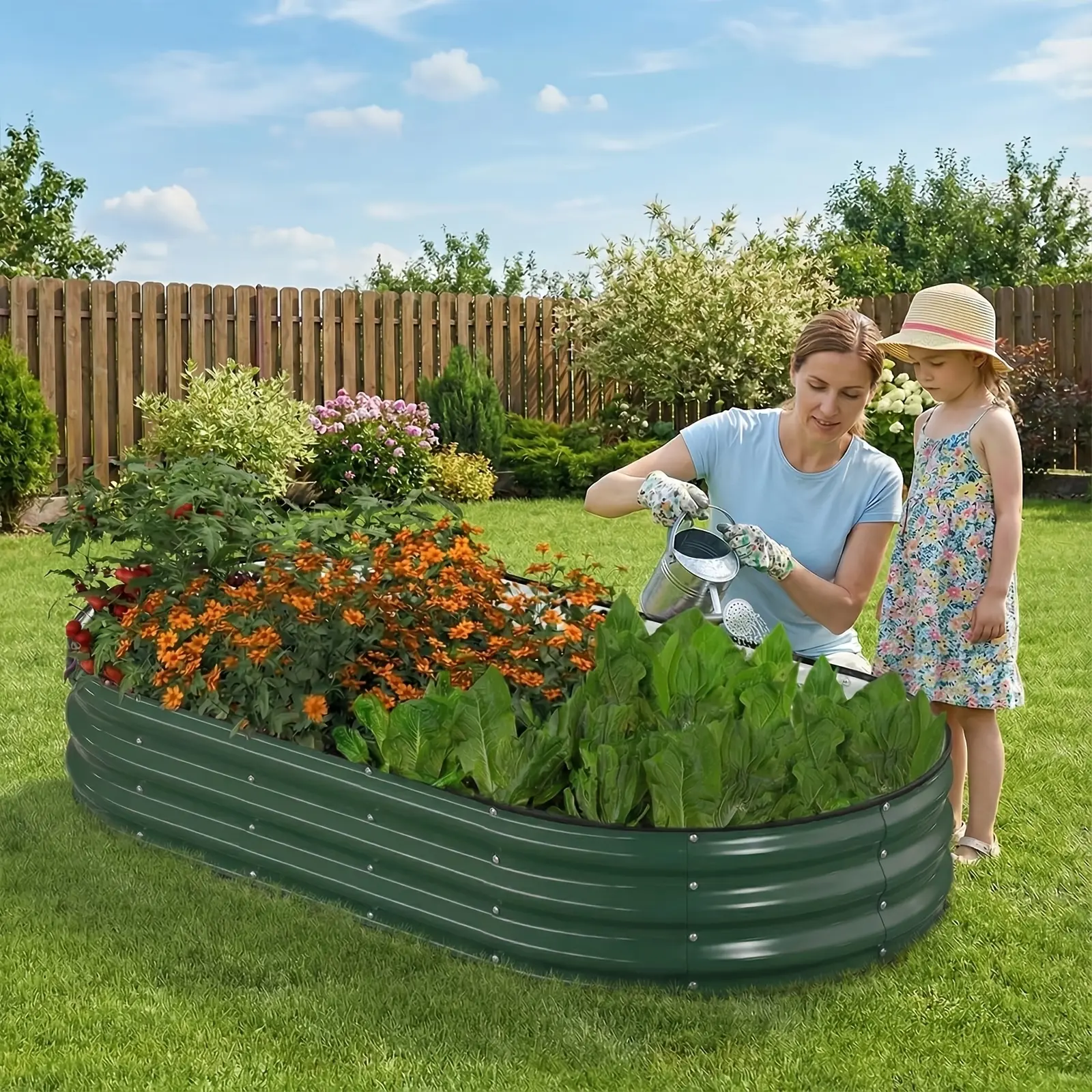 6x3x1ft Dark Green Oval Galvanized Steel Raised Garden Bed, Reinforced Outdoor Planter Box with Safety Rolled Edges & Gardening Gloves Included, Planting Bed for Vegetables, Flowers & Herbs