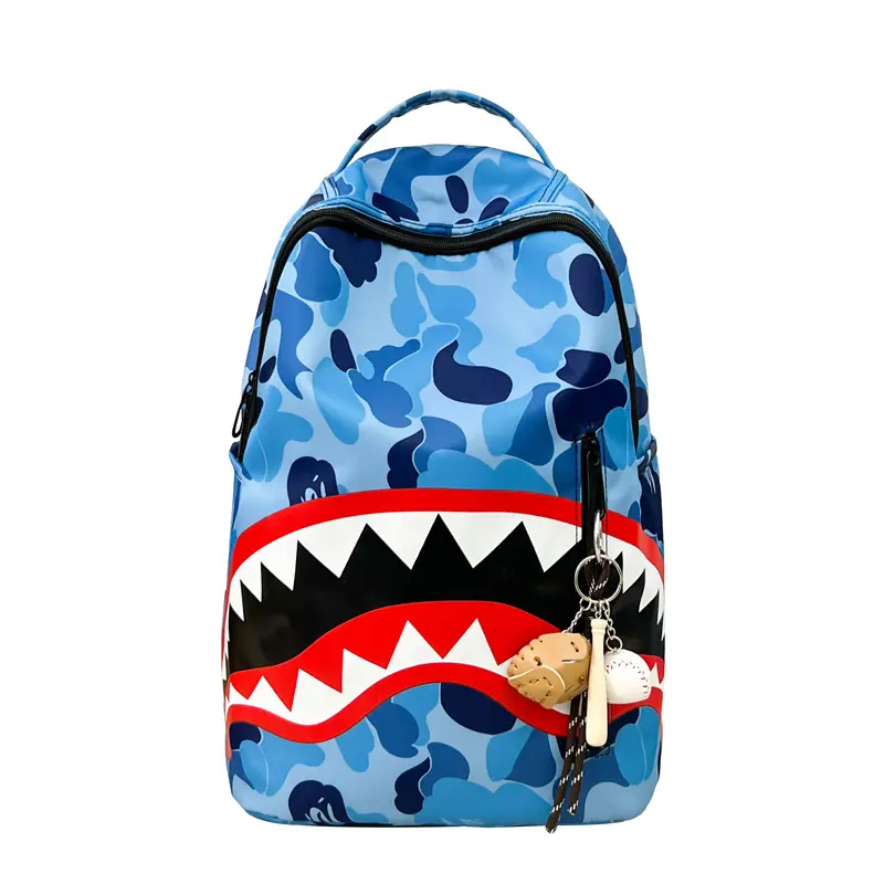 Sprayground Blue Camo Shark Teeth Print Backpack with Baseball Keychain - Hype Streetwear Large-Capacity Oxford Fabric Laptop Backpack, Durable Fashion Bag for Teen Boys Back to School, Daily Casual Use