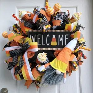 Candy Corn Halloween Fall Wreath with Gnome for Front Door Decor, Fall Candy Wreath, Halloween Gnome Door Wreath