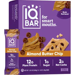 IQBAR Almond Butter Chip (12 Bars) - Body Plant Protein Bars - Low Carb, High Fiber, Gluten Free, Vegan Snacks - Low Sugar Keto Energy Bars