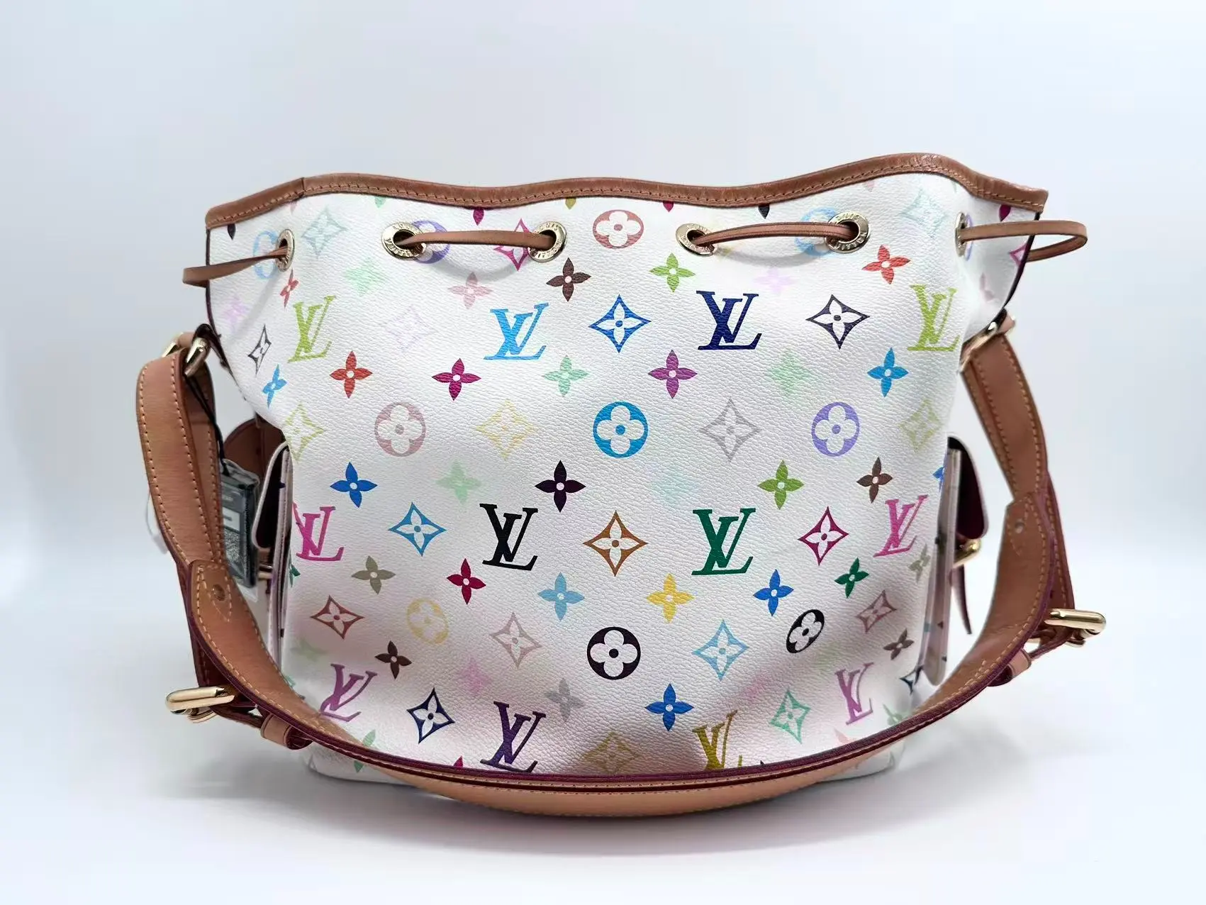 Pre-owned Louis Vuitton canvas Crossbody Bags LV x Murakami White Multicolore Petit Noe Drawstring Bucket Crossbody Bag Adjustable Strap #9069656529895956