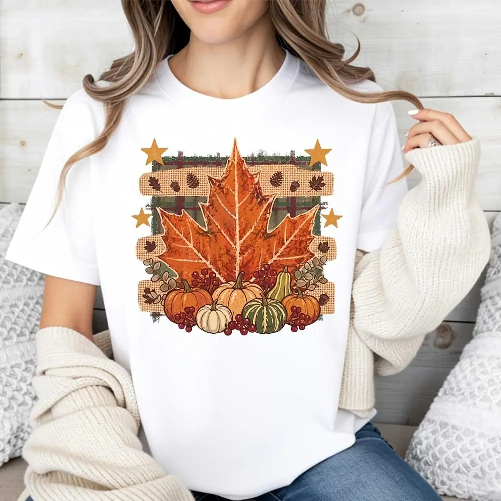 Autumn Maple Leaf And Pumpkins Print T-Shirt, Fall Harvest Thanksgiving Festival Design, Casual Daily Wear Outdoor Activity