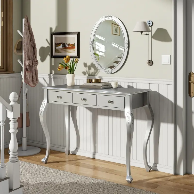 Classic Glam Sturdy Engineered Wood Makeup Vanity Desk with Unique Curved Oval Mirror, 3-Drawer Jewelry Storage, 41.00x17.50x29.80in, 48.20lbs Indoor Furniture, Elegant Console for Bedroom, Entryway, Silver, 41.00 X 17.50 X 29.80 Inches