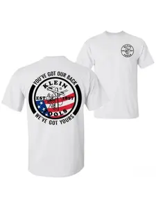 Klein Tools T-Shirt — A patriotic-themed T-shirt featuring an electric worker graphic and the slogan "You've Got Our Back"; professional workwear designed specifically for tradespeople, electricians, and American workers.