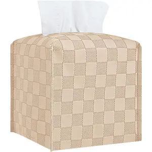 Square Leather Tissue Box Cover Decorative Organizer Holder for Bathroom Tabletop and Car 5"X5"X5" (Beige)