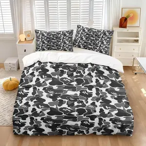 Black White Gray Dense Camouflage Camo Print Duvet Cover Set, Machine Washable Duvet, 1 Duvet Cover + 1-2 Pillowcases, APE Streetwear Style Soft Microfiber Bedding for Teen Boys Bedroom, Gift for Camouflage Lovers & Streetwear Hypebeast Fans