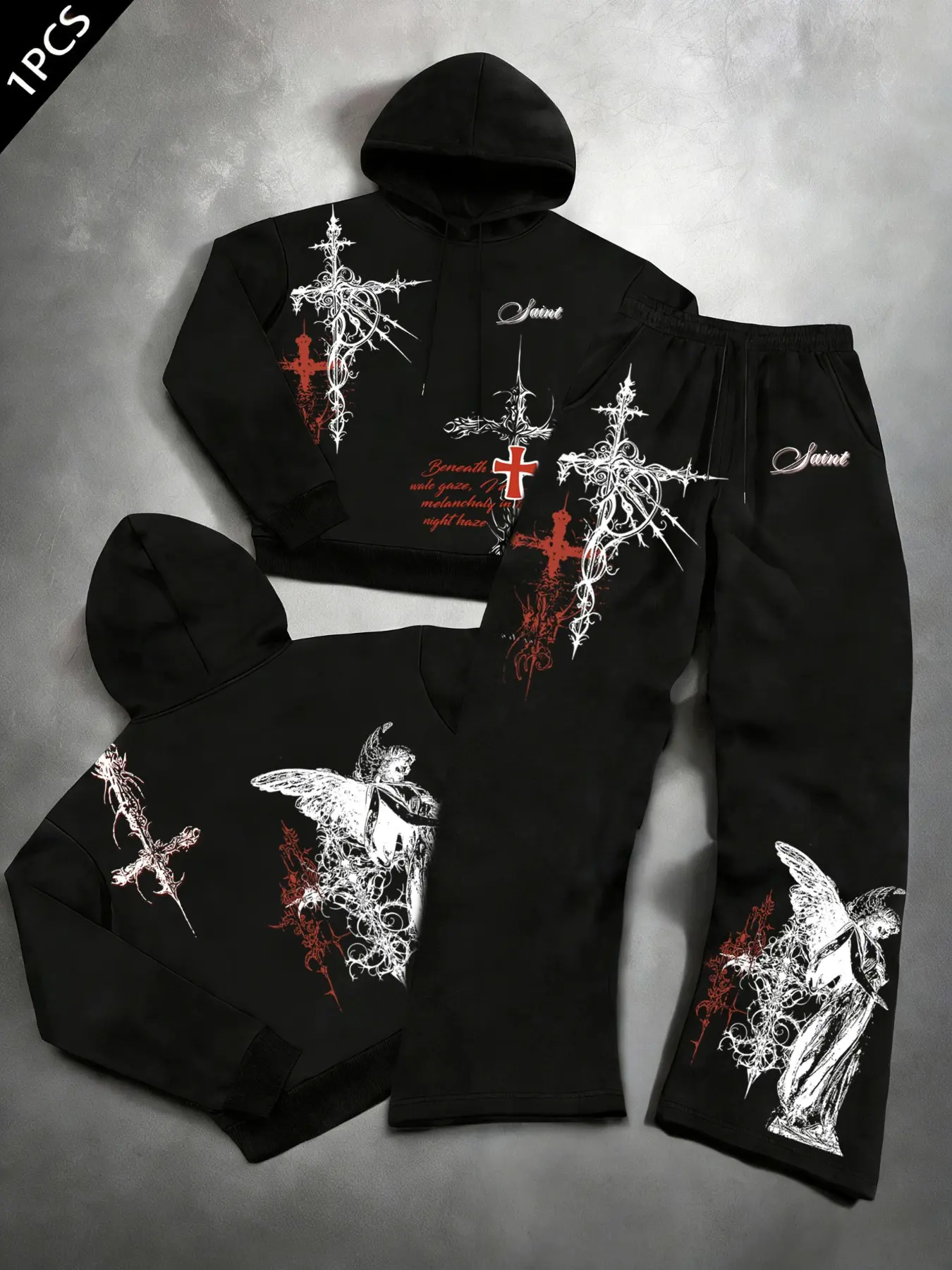 Saint Gothic Angel 2-Piece Sportswear Set, Cross Print, Angel Pattern, Ink Splatter, Y2K Grunge Style, Casual Wear, Hoodie Sweatpants Set, Matching Sweatsuit Set, Casual Sportswear Outfit