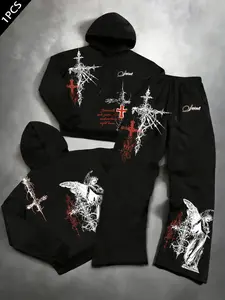 Saint Gothic Angel 2-Piece Sportswear Set, Streetwear Tracksuit Set, Cross Print, Angel Pattern, Ink Splatter, Y2K Grunge Style, Casual Wear