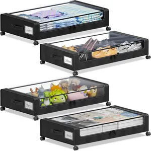 Under Bed Storage with Wheels, 4-Pack Under the Bed Storage Containers with Clear  & Label, Underbed Storage Bins, XXL 60L Rolling Metal Drawer for Clothes, Shoes, Toys, Books - Black