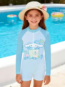 Girls' swimsuit "Magic Cinnamoroll Vitality Sun Protection Style" - light blue color blocking + candy doll printed long-sleeved swimsuit, playful and eye-catching, super bright for playing in water parks/beaches