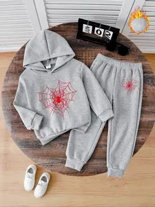 Boys' Spider Web Print Hoodie Set, Fall & Winter Fleece Lined Jogger Pants, Warm Casual, Birthday Gift Idea, Hoodies, Sweatpants