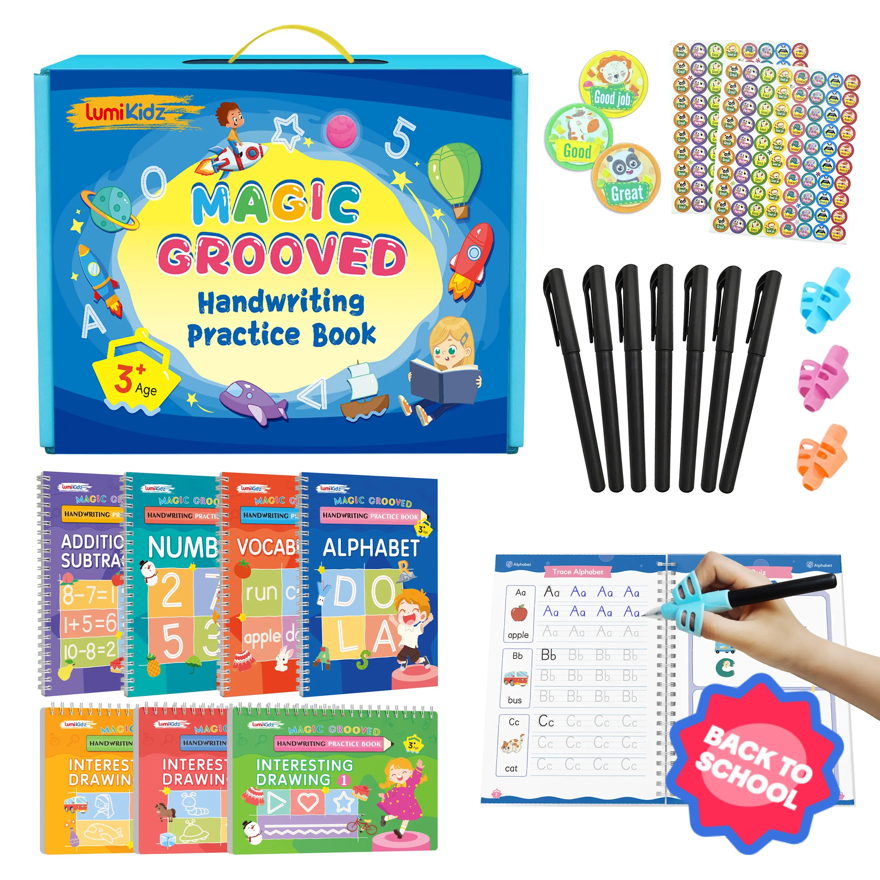 [SchoolMustHave]2026 Magic Reusable Grooved Writing WorkBooks,Reusable Paper Handwriting Workbooks,LumiKidz Large Copybooks,Box Pack For Kids Ages 3-8,Second Grade Educational Learning Tools,Kindergarten Prep,Spiral Notebook Pen Set,Back-to-school Season,