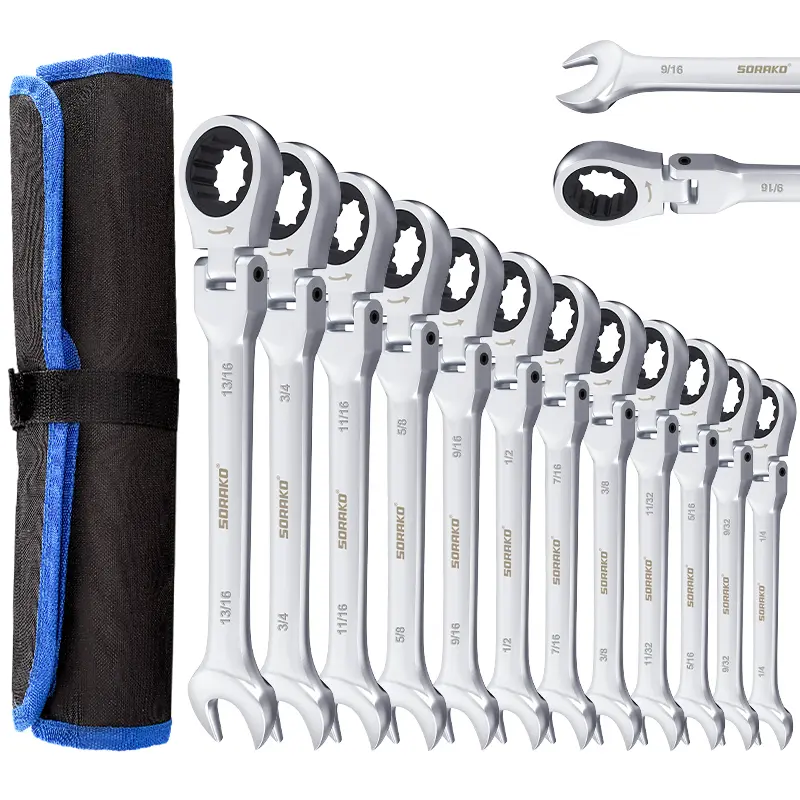 12PCS Ratcheting Wrench Set Flex Head, SORAKO SAE Combination Ratchet Wrench kit, 1/4″ - 13/16″ Chrome Vanadium Steel Wrenches wrench set Hand Tools