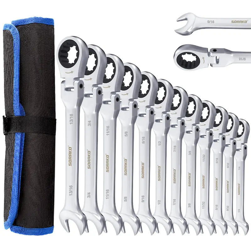 12PCS Ratcheting Wrench Set Flex Head, SORAKO SAE Combination Ratchet Wrench kit, 1/4″ - 13/16″ Chrome Vanadium Steel Wrenches wrench set Hand Tools