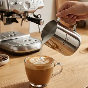 Milk Frothing Pitcher 350ml Stainless Steel for Latte Art Beginners 0.8mm Thick Dripless Spout Dual Measurement Lines Ergonomic Handle Perfect for Coffee Jugs