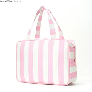 Pink & White Striped Canvas Makeup Bag — Large Capacity, Portable Women's Toiletry Organizer & Travel Tote