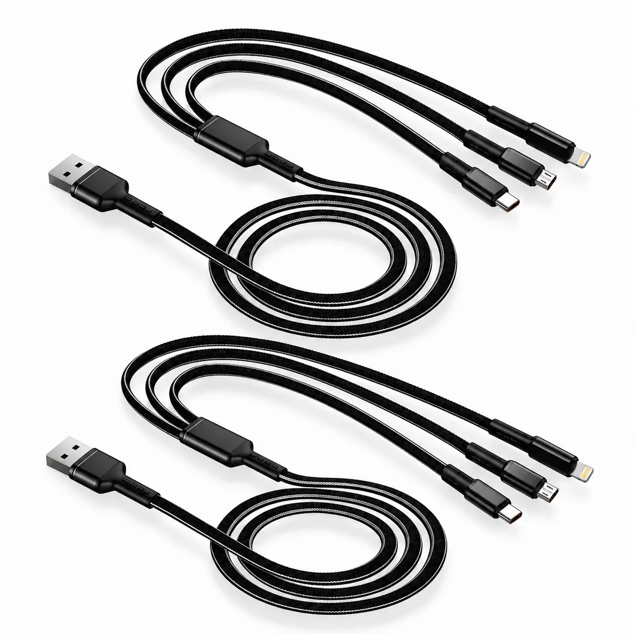 2-Pack 3-in-1 Braided Charging Cable, Black, 1.2m USB Charging Cord Durable Connector Electronic Smartphone Device