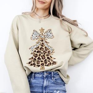Leopard Print Christmas Tree, Faux Glitter, Dalmatian Bow, Santa, Cute, Girly Sweatshirt, Crew Neck, Women's, Crewneck