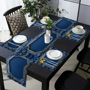 5-piece/7-piece set of table flags and placemats, washable kitchen table mats, navy blue floral pattern Rectangle placemats, suitable for kitchen dining tables, family gatherings, party decorations, modern geometric abstract art aesthetics