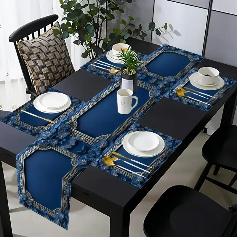 5-piece/7-piece set of table flags and placemats, washable kitchen table mats, Boho placemats set, navy blue floral pattern placemats, Kitchen decorative placemat, suitable for kitchen dining tables, dining room, party decorations