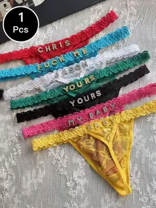 Women's DIY Rhinestone Lace Thong - Custom Metal Letter Design for Sparkling Allure Sheer Lace Panty