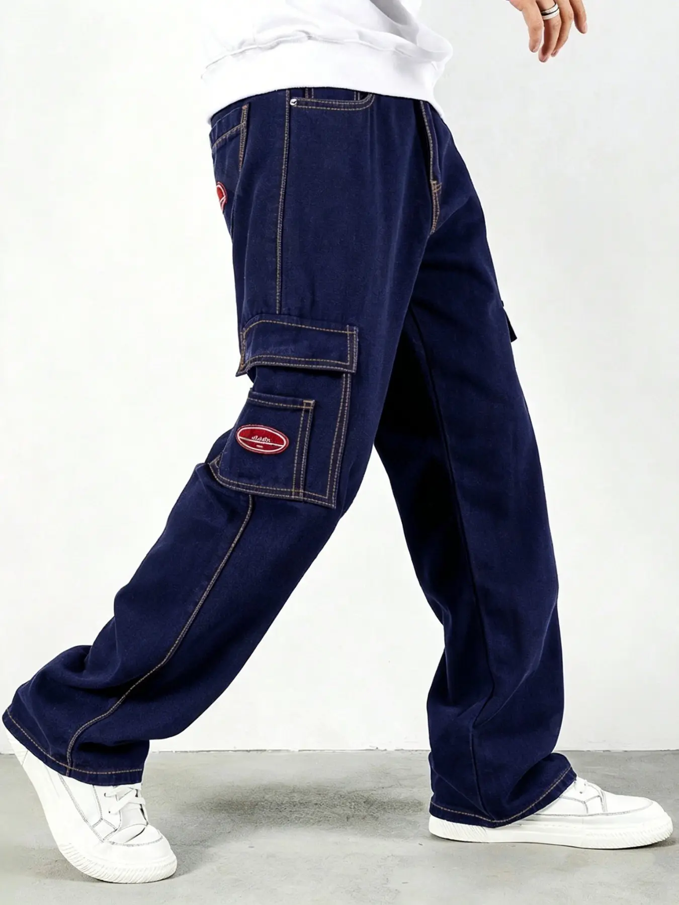 Men's Navy Dark Wash Cargo Jeans Pants, Contrast Stitch Loose Baggy Wide-Leg Fit, Retro Street Style, Casual, Multi-Pocket Design, Must-Have for Daily Wear Streetwear