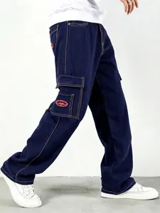 Men's Navy Cargo Jeans Pants, Contrast Stitch Wide-Leg Fit, Retro Street Style, Multi-Pocket Design, Must-Have for Daily Wear Streetwear