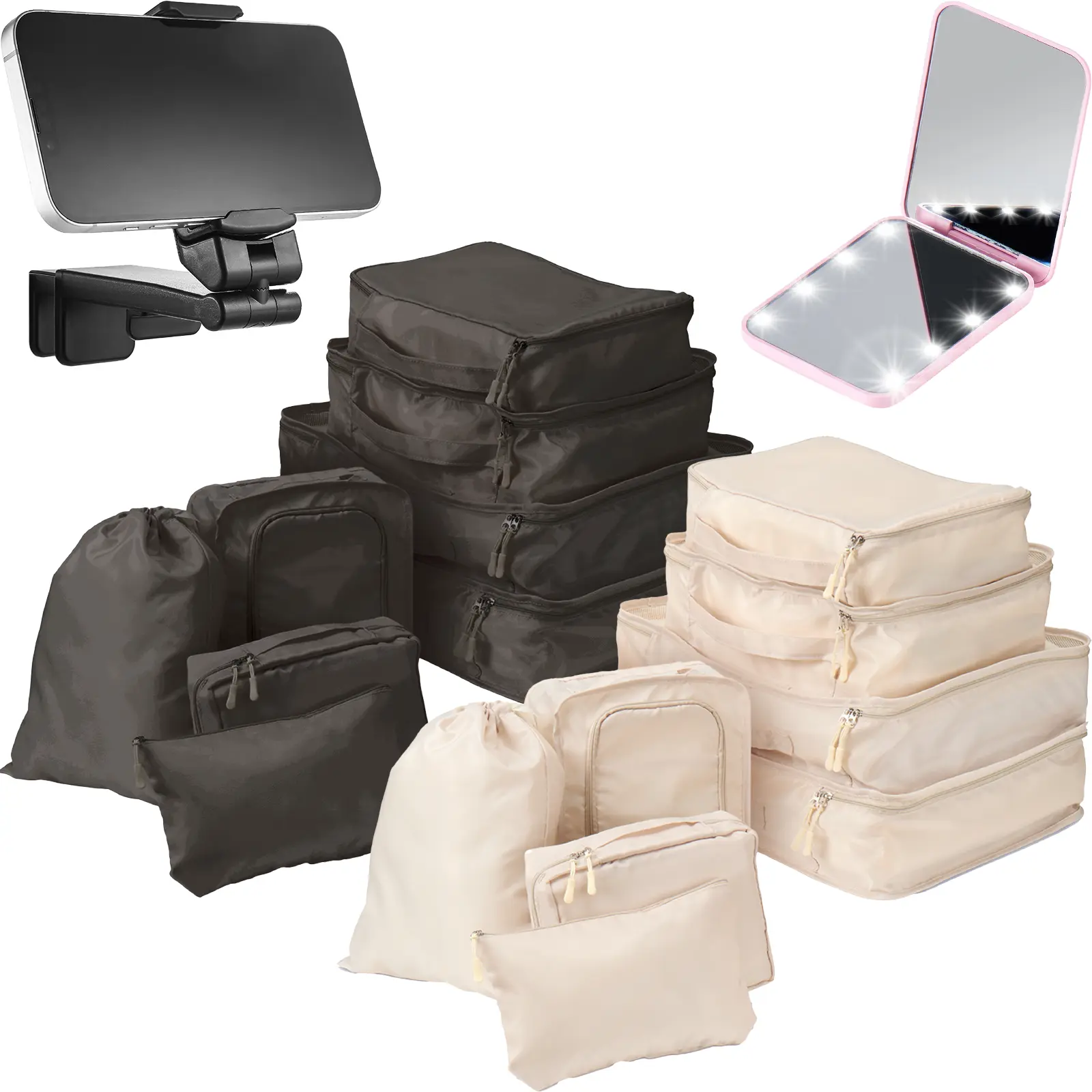 Trending Now Travel Essentials Bundle - Airplane Phone Holder, Packing Cubes & LED Pocket Mirror 3-Piece Carry-On Travel Set