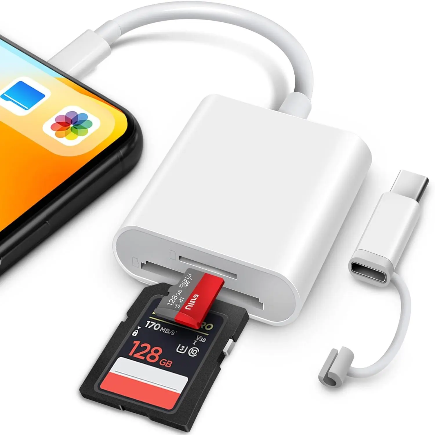 SD Card Reader for  iPad, & USB-C Dual Connector Memory SD Card Adapter, Support SD/MicroSD Cards, High-Speed Digital Trail  Camera to  Viewer, Plug and Play - White