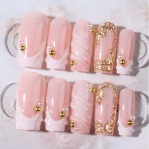 10pcs Long Square  With Pearl Decor, White French Press-On Acrylic Fake Nails.  Summer Manicure To Make Your Fingertips Shine, Suitable For Women's Daily Work And Parties, Pearl Shimmer.