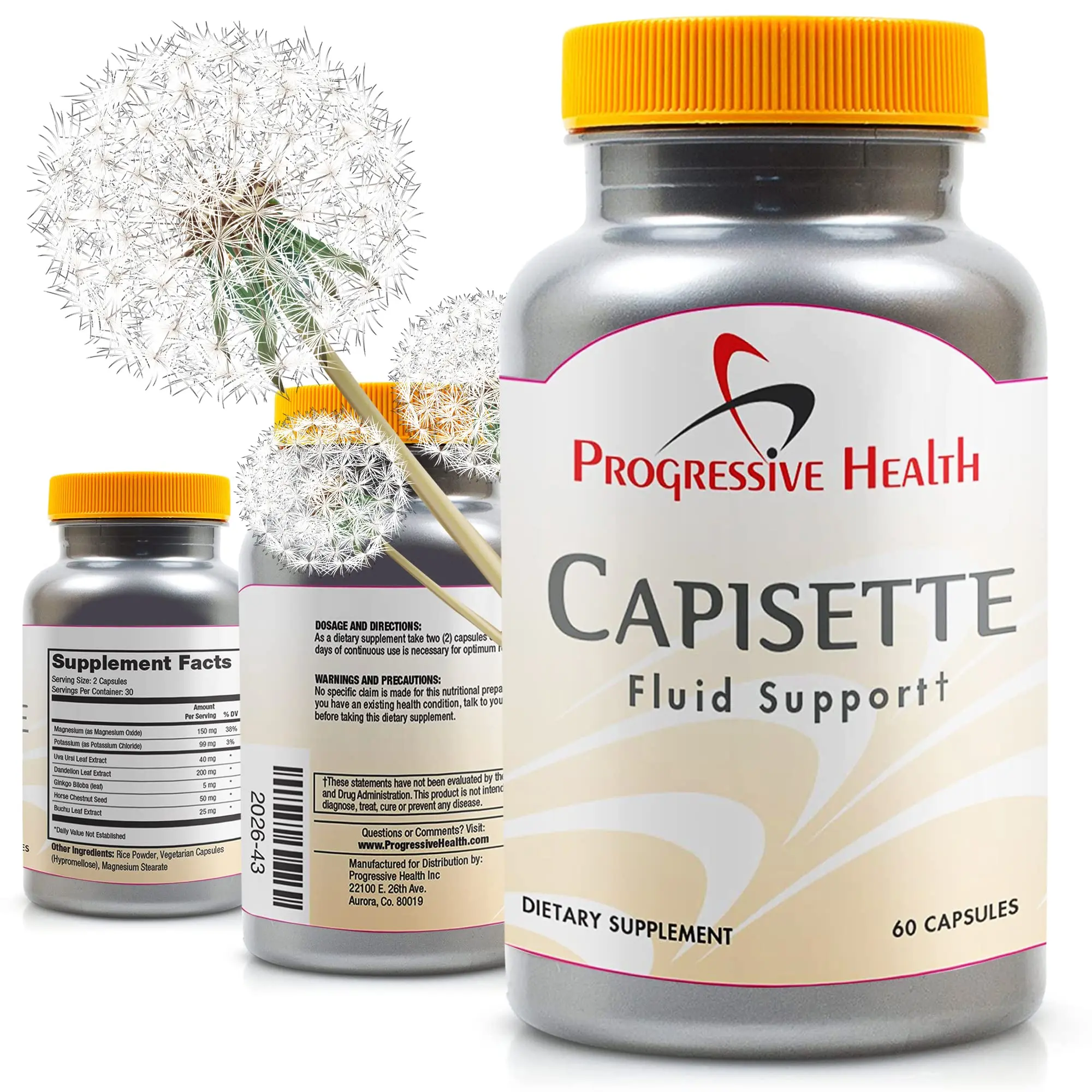 Progressive Health Capisette Water Retention Support - 60 Capsules with Potassium & Dandelion Root for Swollen Feet Ankles & Legs