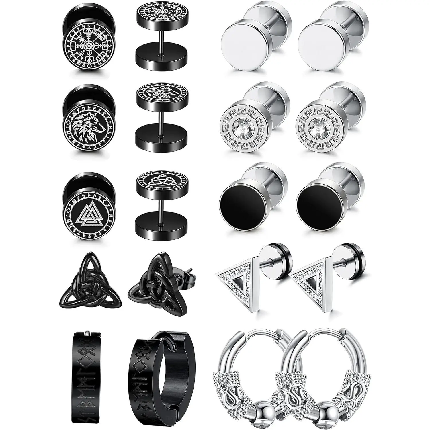 Men's Earring Set, 10 Pairs of Black Stainless Steel Viking-Inspired Studs & Hinged Hoops, Tarnish-Free Hoop Earring Stack for Daily Wear, Fashionable Jewelry Accessories, Stud Earrings Set